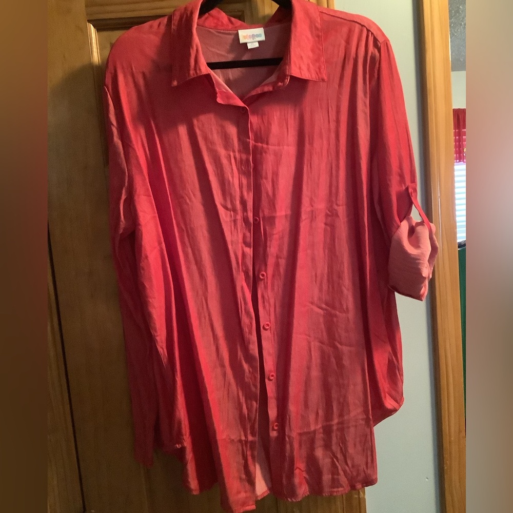LuLaRoe Red Button-Up Blouse-Valentina Chambray